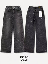 Pantaloni jeans wide leg vita alta donna, jeans nero lavaggio vintage con strass a stelle, moda festa urbana, taglie XS-XL