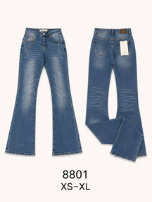 Pantaloni jeans a zampa vita alta donna, jeans con dettagli strappati leggeri e lavaggio vintage, modello casual, taglie XS-XL