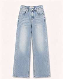 Pantaloni jeans a gamba larga vita alta donna, jeans basic larghi effetto sfumato, modello casual quotidiano, taglie XS-XL