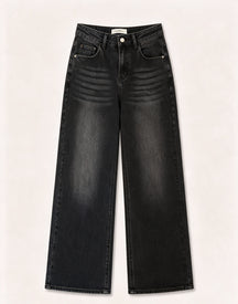 Pantaloni jeans a gamba larga vita alta donna, jeans basic larghi effetto sfumato, modello casual quotidiano, taglie XS-XL