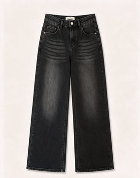 Pantaloni jeans a gamba larga vita alta donna, jeans basic larghi effetto sfumato, modello casual quotidiano, taglie XS-XL