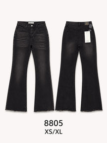 Pantaloni jeans a zampa vita alta donna, jeans effetto lavaggio sbiadito con orlo sfilato, modello casual, taglie XS-XL
