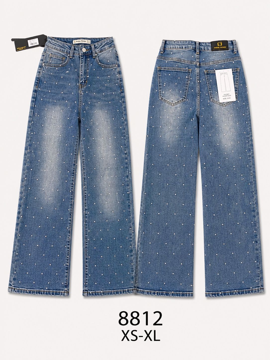 Pantaloni jeans a gamba larga vita alta donna, jeans decorati con strass, modello casual a zampa, taglie XS-XL