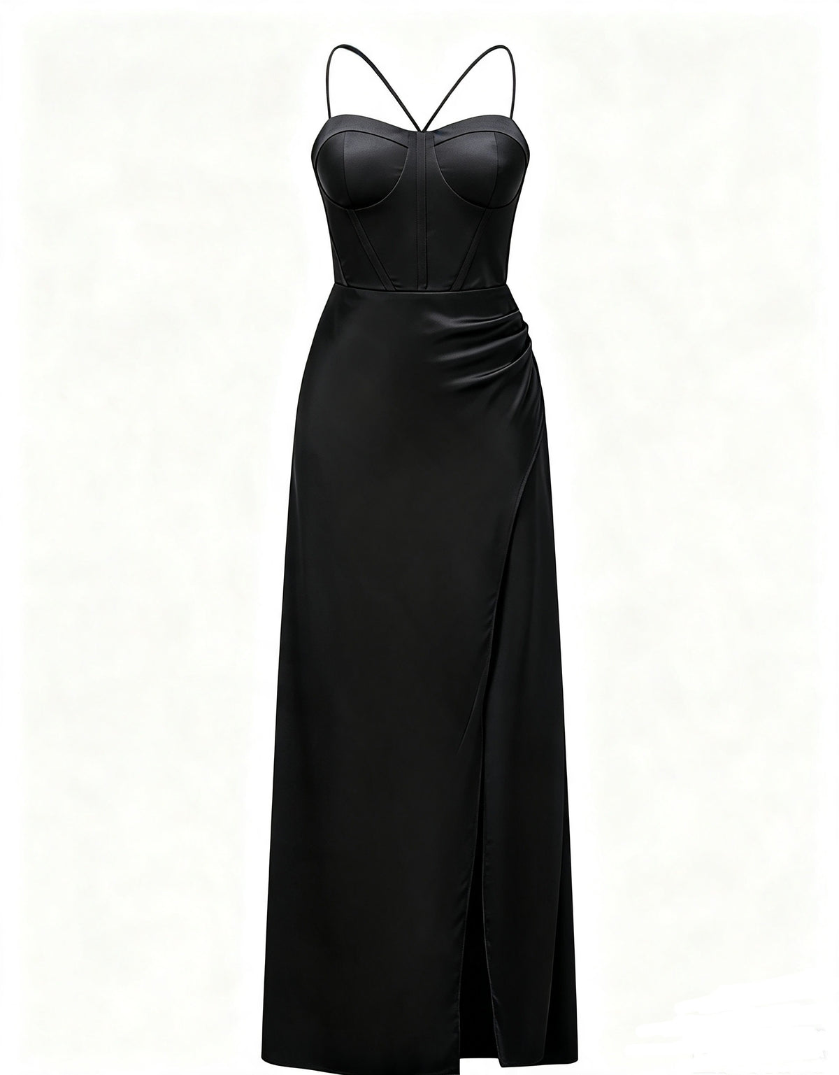 Abito lungo raso donna spalline incrociate, corpetto stile corsetto, gonna con spacco laterale elegante