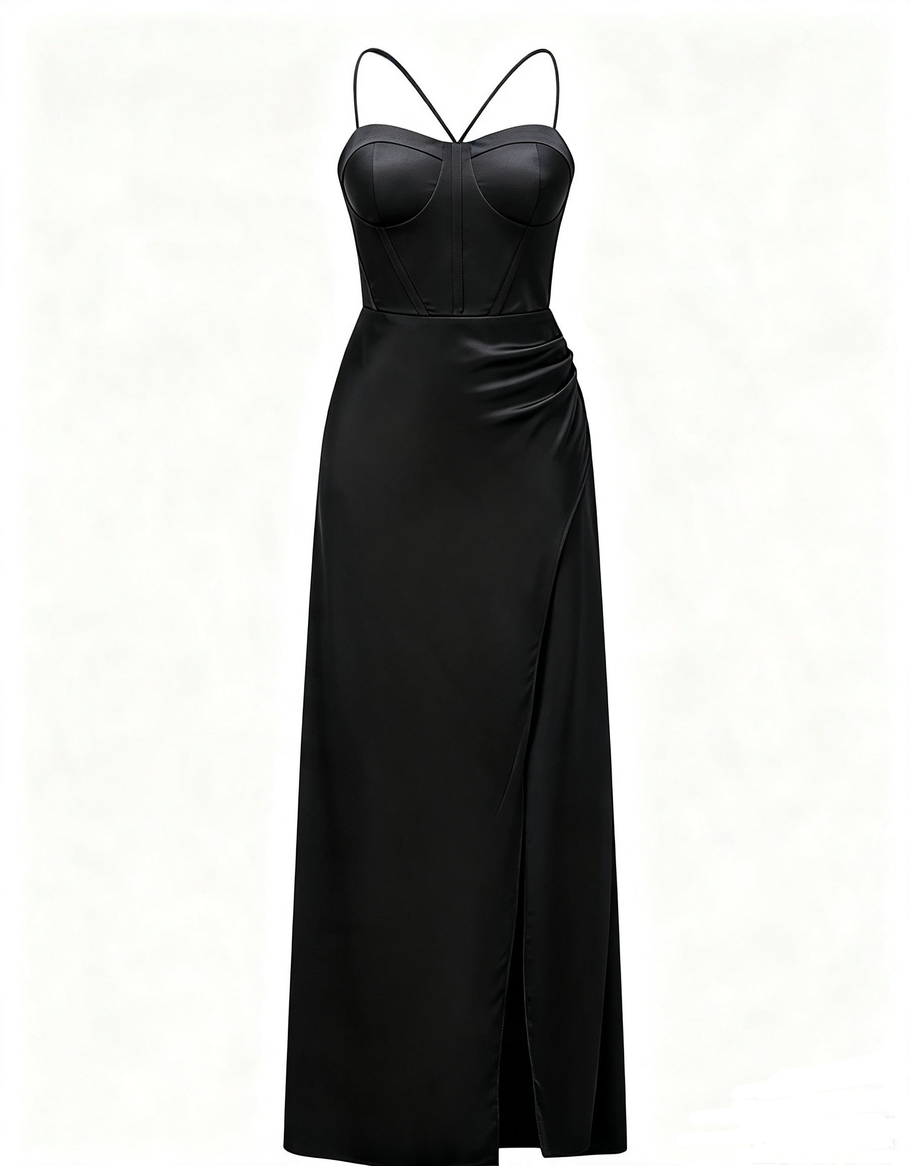 Abito lungo raso donna spalline incrociate, corpetto stile corsetto, gonna con spacco laterale elegante