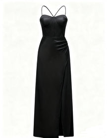 Abito lungo raso donna spalline incrociate, corpetto stile corsetto, gonna con spacco laterale elegante