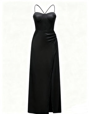 Abito lungo raso donna spalline incrociate, corpetto stile corsetto, gonna con spacco laterale elegante