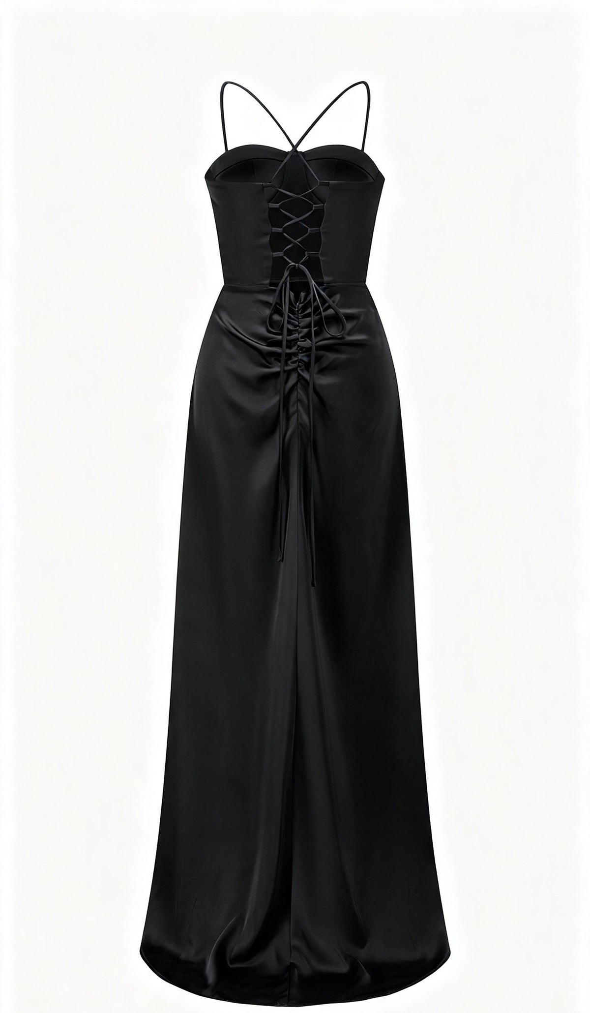 Abito lungo raso donna spalline incrociate, corpetto stile corsetto, gonna con spacco laterale elegante