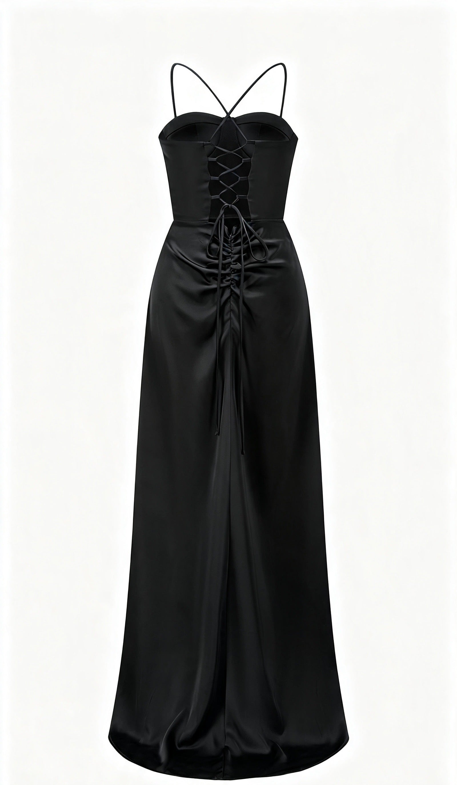 Abito lungo raso donna spalline incrociate, corpetto stile corsetto, gonna con spacco laterale elegante