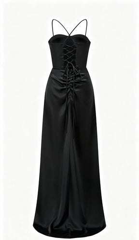 Abito lungo raso donna spalline incrociate, corpetto stile corsetto, gonna con spacco laterale elegante