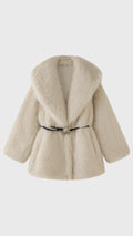 Cappotto Donna in Pelliccia Sintetica con Cintura, Giacca Elegante a Collo Ampio, Modello Avvolgente Caldo per Autunno Inverno
