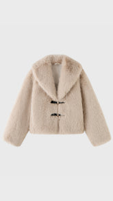 Giacca Corta in Eco Pelliccia Donna, Colletto Ampio, Chiusura con Fibbie, Cappotto Invernale Elegante