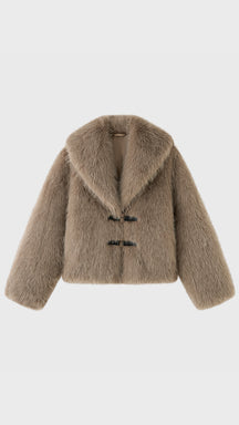 Giacca Corta in Eco Pelliccia Donna, Colletto Ampio, Chiusura con Fibbie, Cappotto Invernale Elegante