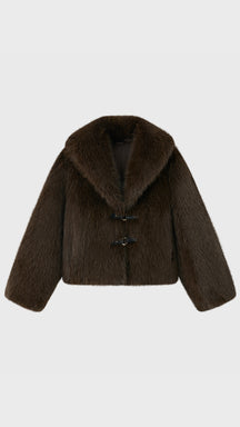 Giacca Corta in Eco Pelliccia Donna, Colletto Ampio, Chiusura con Fibbie, Cappotto Invernale Elegante
