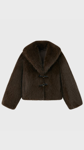 Giacca Corta in Eco Pelliccia Donna, Colletto Ampio, Chiusura con Fibbie, Cappotto Invernale Elegante