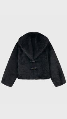 Giacca Corta in Eco Pelliccia Donna, Colletto Ampio, Chiusura con Fibbie, Cappotto Invernale Elegante