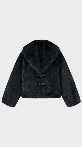 Giacca Corta in Eco Pelliccia Donna, Colletto Ampio, Chiusura con Fibbie, Cappotto Invernale Elegante