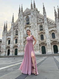 Abito “Callista” – Vestito Lungo Scollo a V con Spalline Drappeggiate e Spacco Laterale