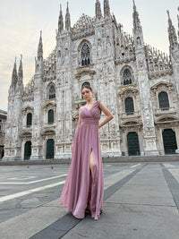 Abito “Callista” – Vestito Lungo Scollo a V con Spalline Drappeggiate e Spacco Laterale