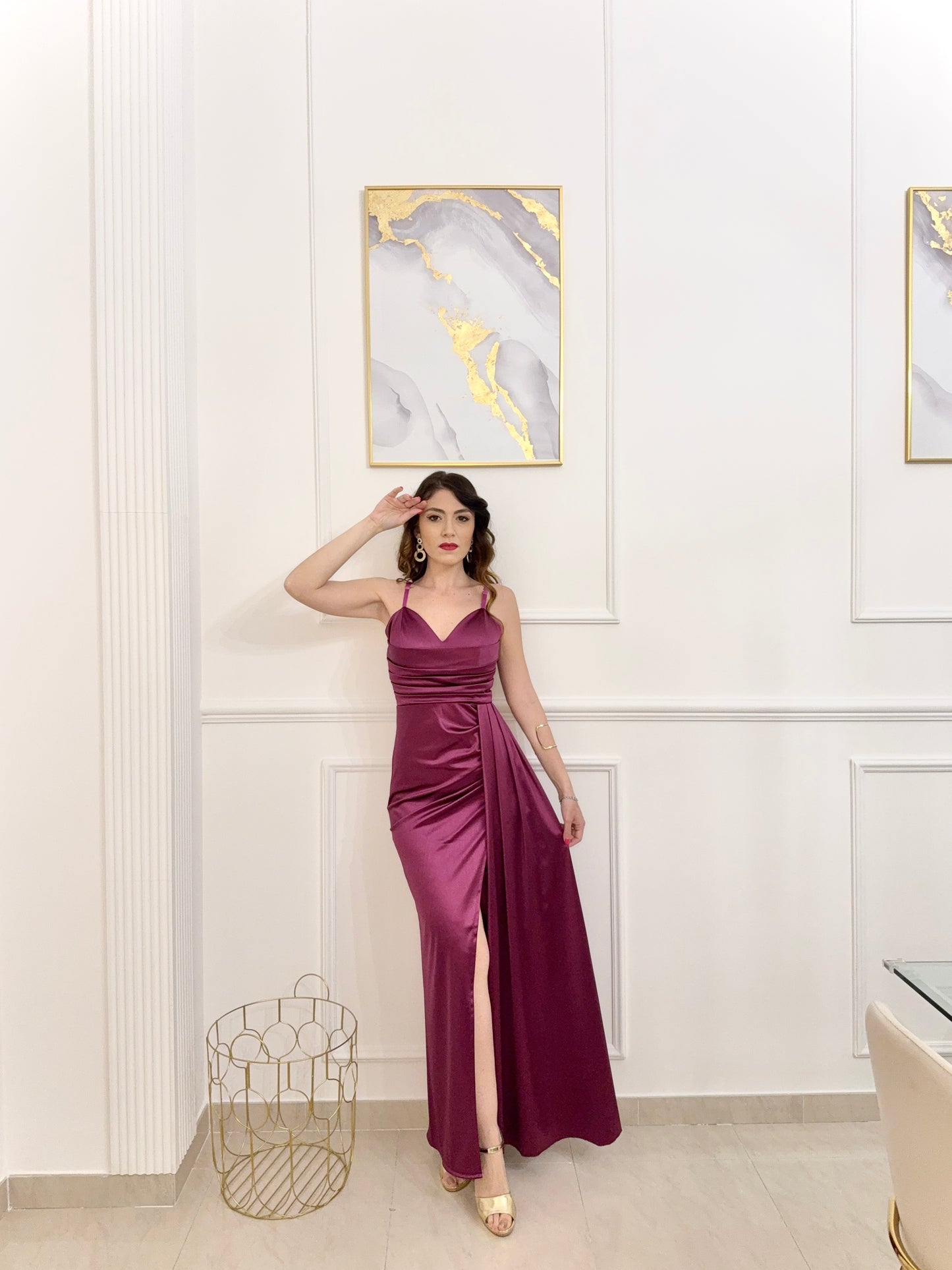 Abito lungo satinato drappeggiato Emma