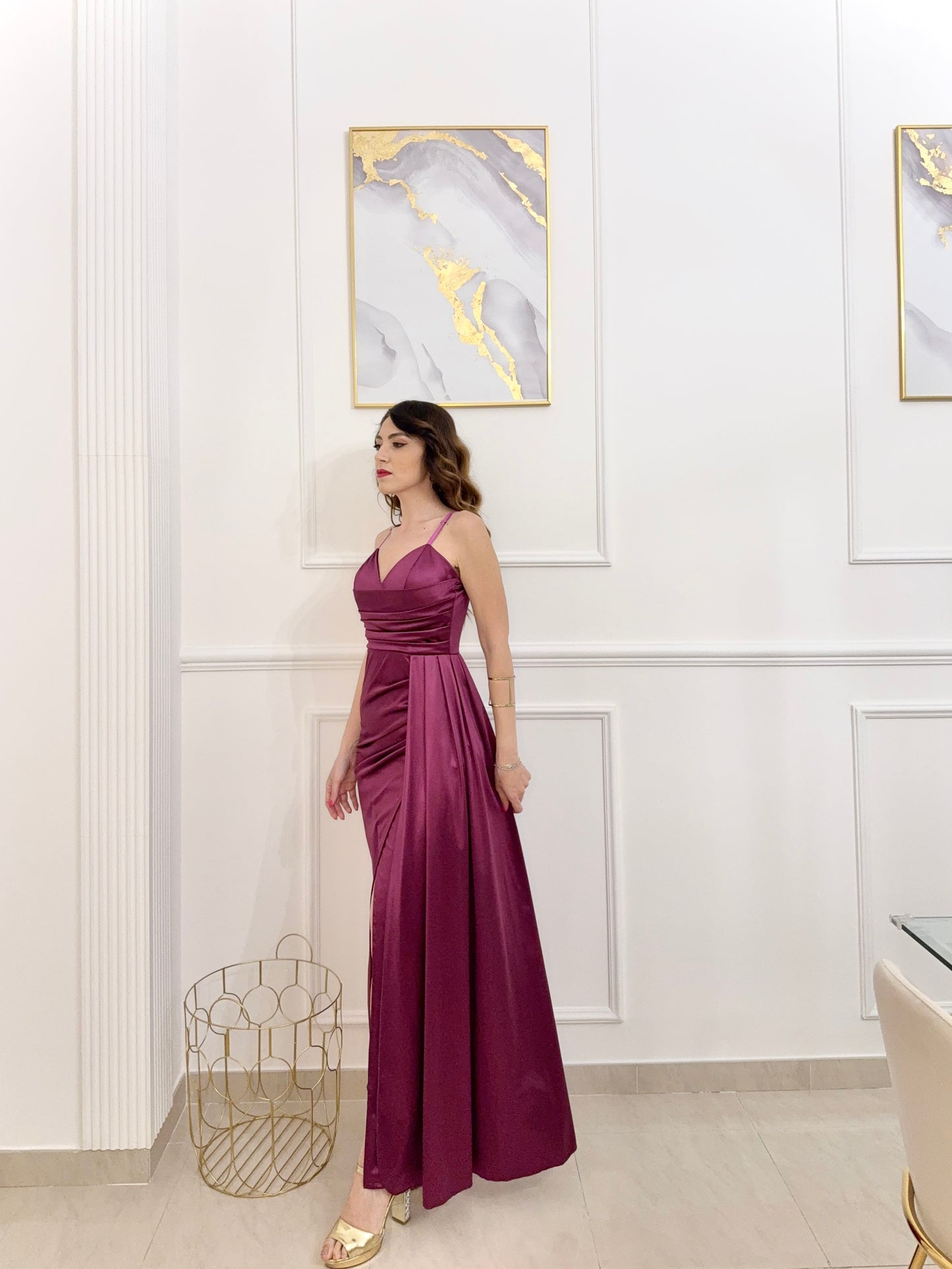 Abito lungo satinato drappeggiato Emma