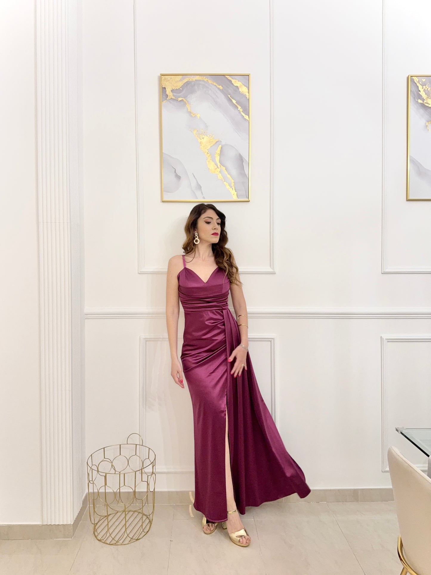 Abito lungo satinato drappeggiato Emma