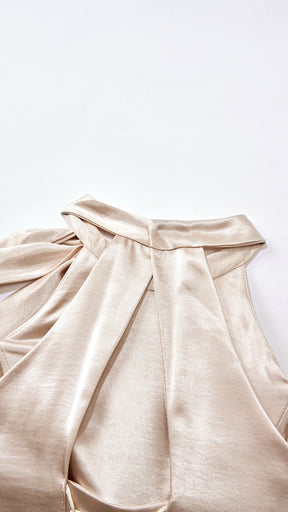 Vestito Lungo Satin Donna Collo Halter con Fiocco Legabile, Abito Elegante Vita Definita e Gonna Ampia da Cerimonia