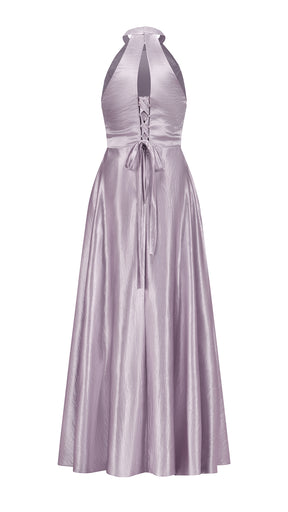 Vestito Lungo Satin Donna Collo Halter con Fiocco Legabile, Abito Elegante Vita Definita e Gonna Ampia da Cerimonia
