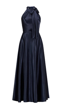 Vestito Lungo Satin Donna Collo Halter con Fiocco Legabile, Abito Elegante Vita Definita e Gonna Ampia da Cerimonia