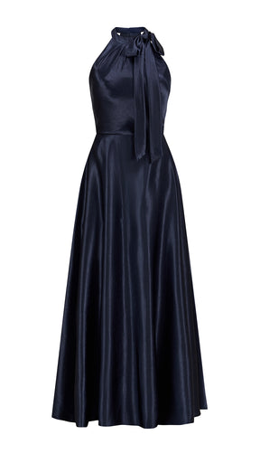 Vestito Lungo Satin Donna Collo Halter con Fiocco Legabile, Abito Elegante Vita Definita e Gonna Ampia da Cerimonia