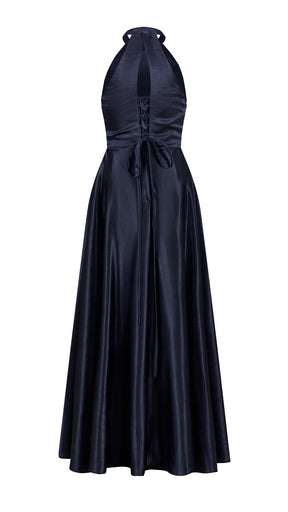 Vestito Lungo Satin Donna Collo Halter con Fiocco Legabile, Abito Elegante Vita Definita e Gonna Ampia da Cerimonia