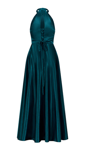 Vestito Lungo Satin Donna Collo Halter con Fiocco Legabile, Abito Elegante Vita Definita e Gonna Ampia da Cerimonia