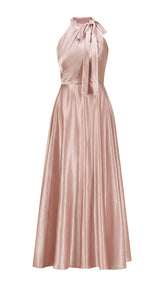 Vestito Lungo Satin Donna Collo Halter con Fiocco Legabile, Abito Elegante Vita Definita e Gonna Ampia da Cerimonia
