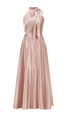 Vestito Lungo Satin Donna Collo Halter con Fiocco Legabile, Abito Elegante Vita Definita e Gonna Ampia da Cerimonia