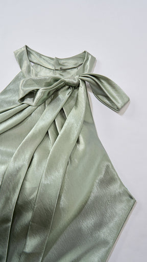 Vestito Lungo Satin Donna Collo Halter con Fiocco Legabile, Abito Elegante Vita Definita e Gonna Ampia da Cerimonia