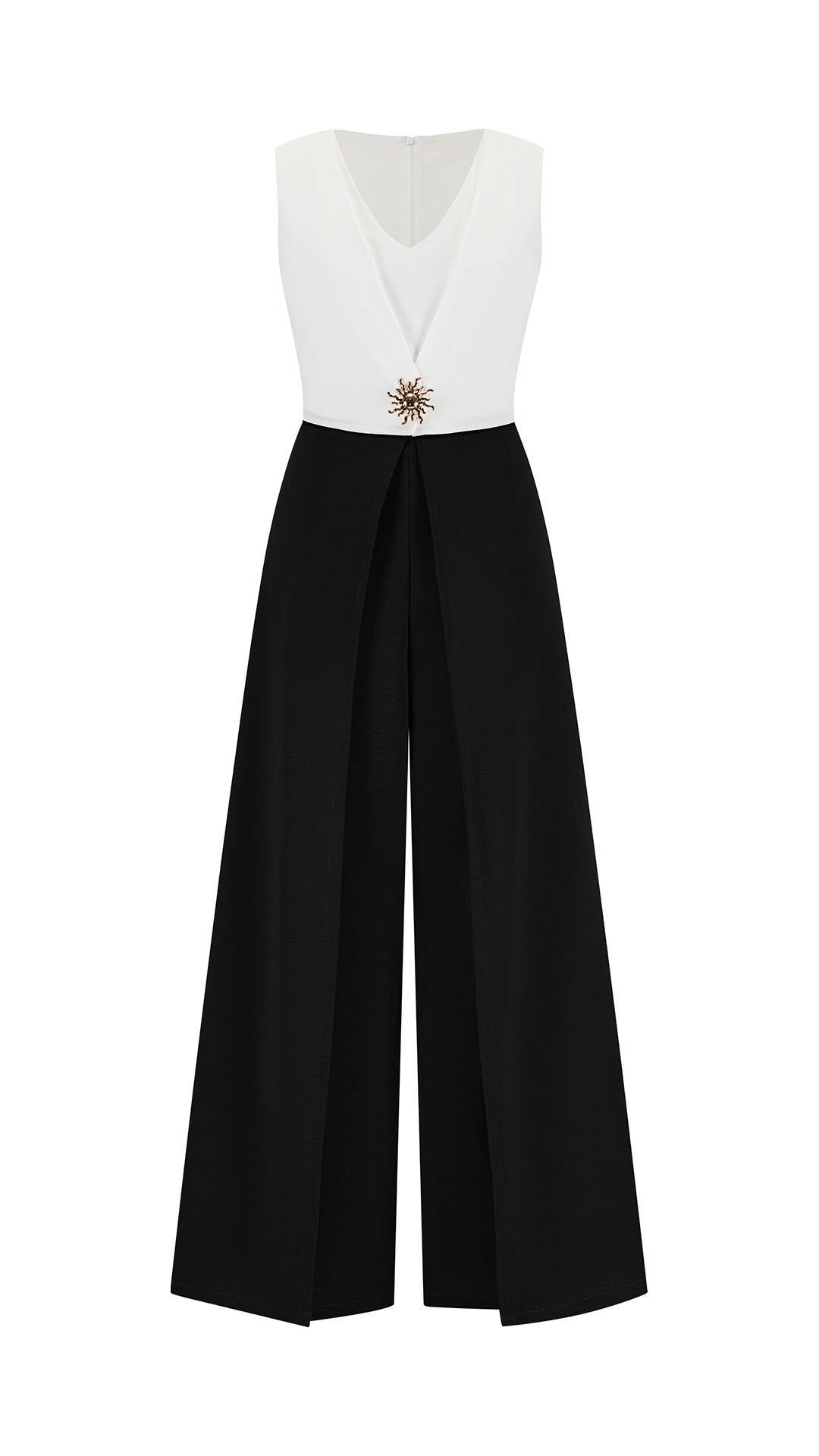Tuta Intera Donna Senza Maniche a V, Pantaloni Zampa con Sovrapposto e Spilla Decorativa, Elegante per Eventi e Cerimonie