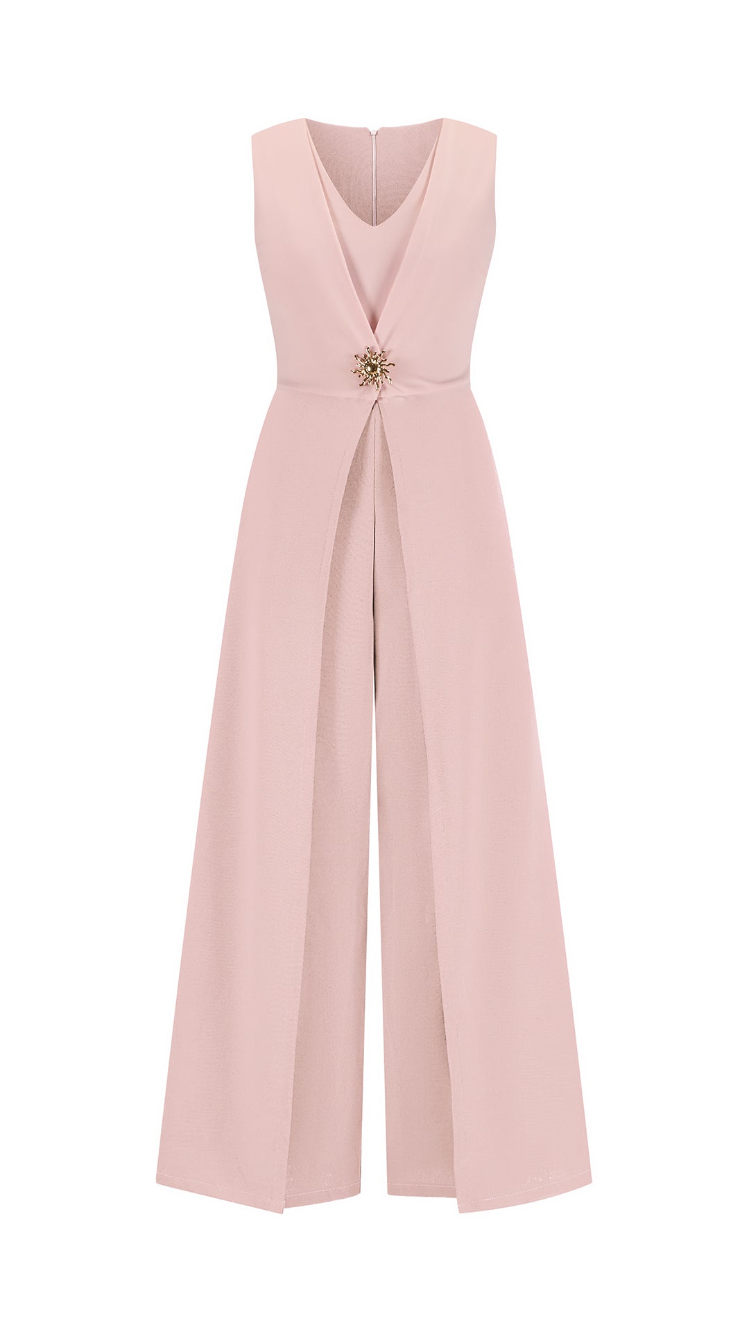 Tuta Intera Donna Senza Maniche a V, Pantaloni Zampa con Sovrapposto e Spilla Decorativa, Elegante per Eventi e Cerimonie