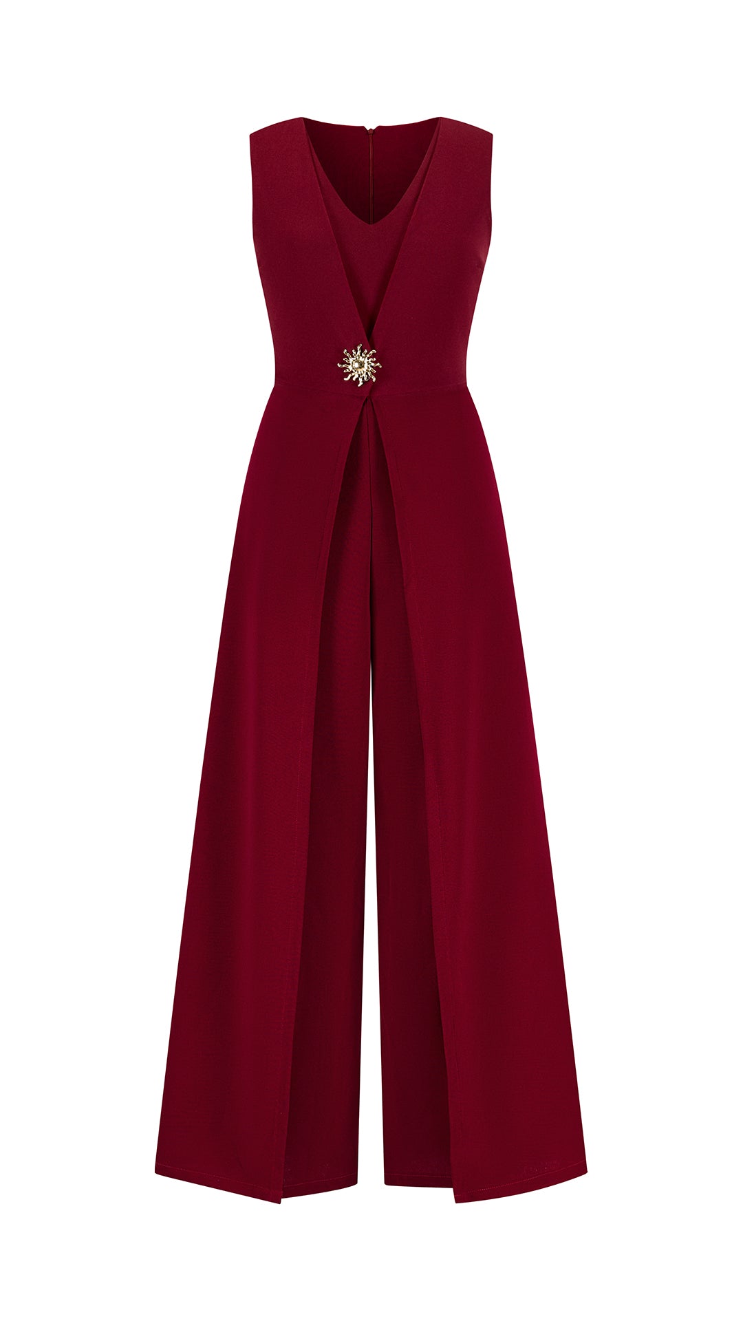 Tuta Intera Donna Senza Maniche a V, Pantaloni Zampa con Sovrapposto e Spilla Decorativa, Elegante per Eventi e Cerimonie