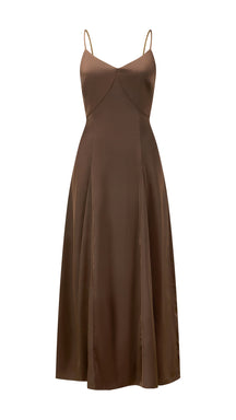 Abito midi in raso donna, spalline sottili, scollo a V, gonna a campana elegante