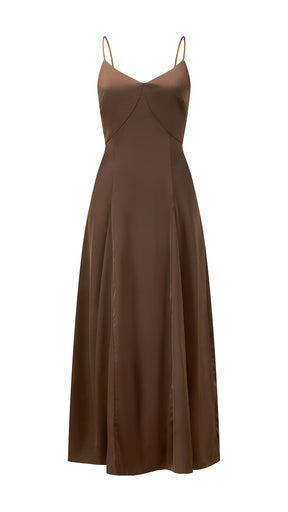 Abito midi in raso donna, spalline sottili, scollo a V, gonna a campana elegante
