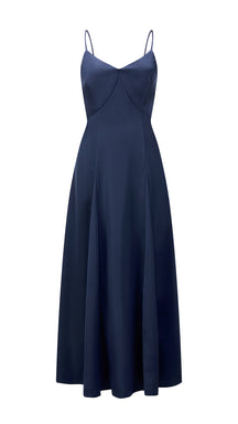 Abito midi in raso donna, spalline sottili, scollo a V, gonna a campana elegante