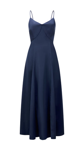 Abito midi in raso donna, spalline sottili, scollo a V, gonna a campana elegante