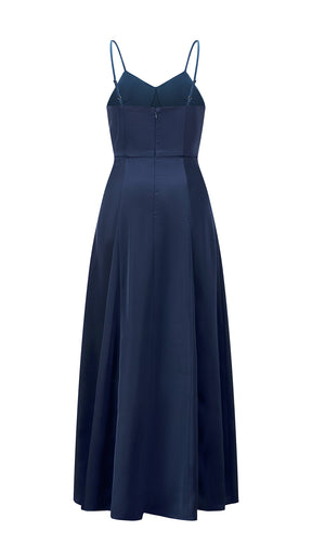 Abito midi in raso donna, spalline sottili, scollo a V, gonna a campana elegante