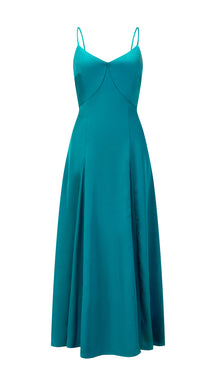 Abito midi in raso donna, spalline sottili, scollo a V, gonna a campana elegante