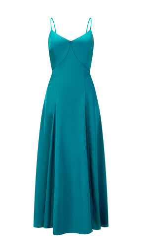 Abito midi in raso donna, spalline sottili, scollo a V, gonna a campana elegante