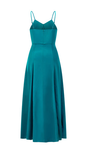 Abito midi in raso donna, spalline sottili, scollo a V, gonna a campana elegante