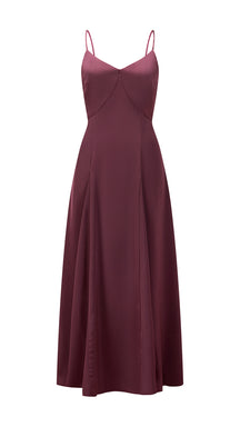 Abito midi in raso donna, spalline sottili, scollo a V, gonna a campana elegante