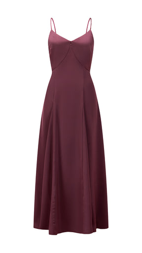 Abito midi in raso donna, spalline sottili, scollo a V, gonna a campana elegante