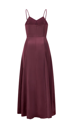 Abito midi in raso donna, spalline sottili, scollo a V, gonna a campana elegante