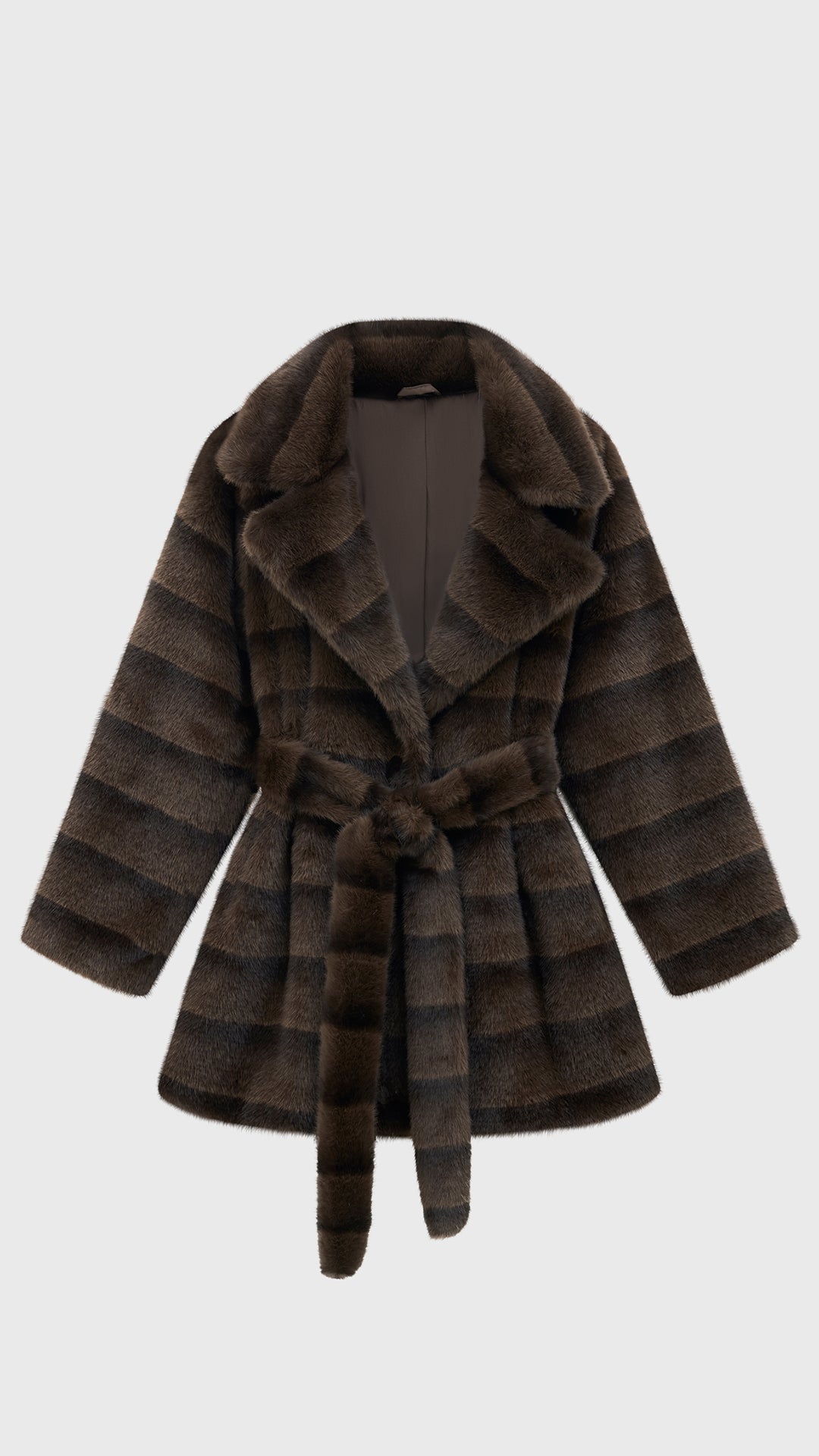 Cappotto medio donna in pelliccia sintetica, ampio collo a rever con cintura regolabile